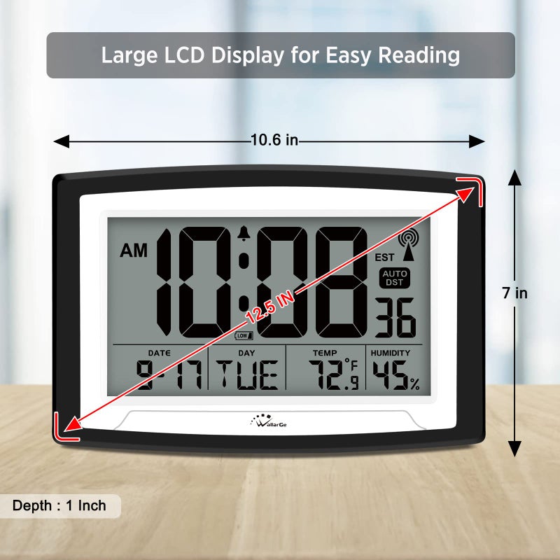 WallarGe Atomic Clock with Indoor Temperature and Humidity  12.5 Inch Self-Setting Digital Wall Clock or Desk Clock  Battery Operated Digital Clock Large Display for Seniors  Auto DST - Image 4
